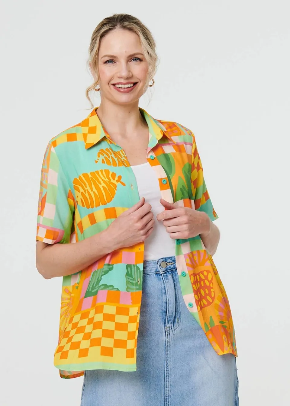 Tops>Izabel London Orange Patchwork Print Short Sleeve Boxy Shirt