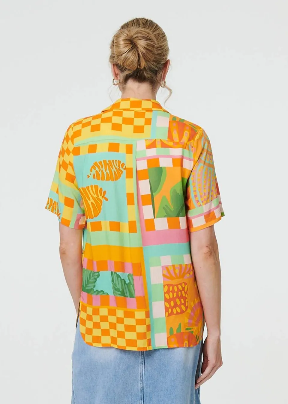 Tops>Izabel London Orange Patchwork Print Short Sleeve Boxy Shirt