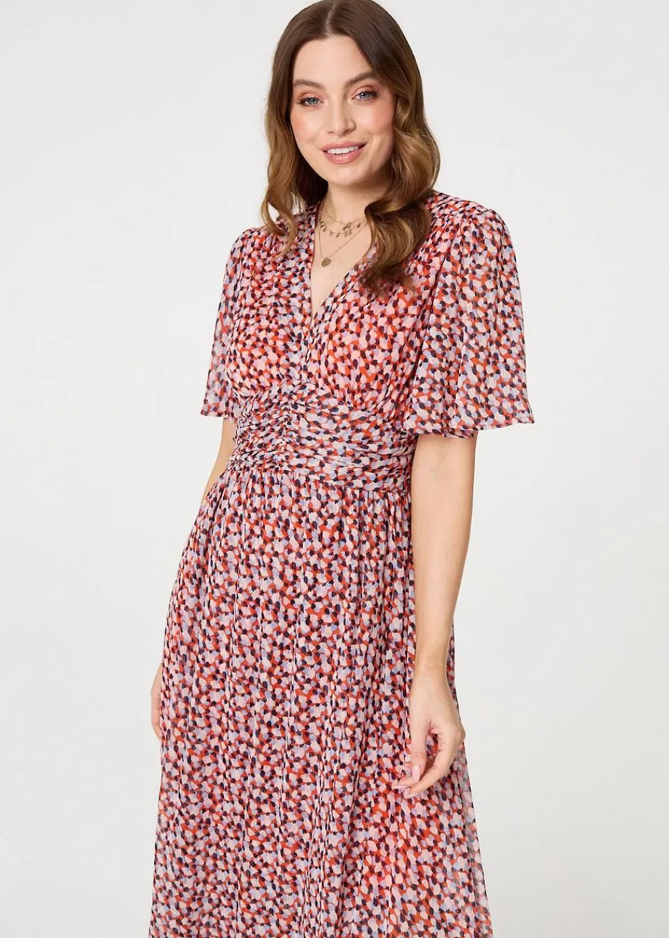 Dresses>Izabel London Orange Printed 1/2 Sleeve Ruched Midi Dress