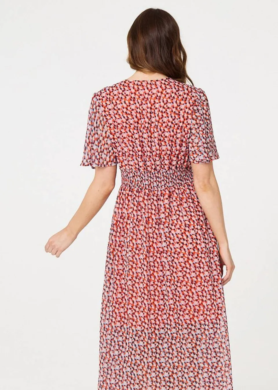 Dresses>Izabel London Orange Printed 1/2 Sleeve Ruched Midi Dress