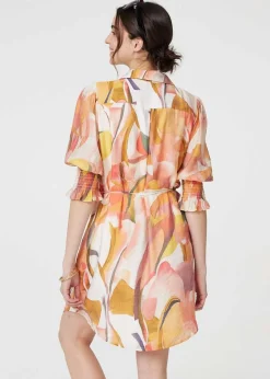 Dresses>Izabel London Orange Printed 3/4 Puff Sleeve Shirt Dress