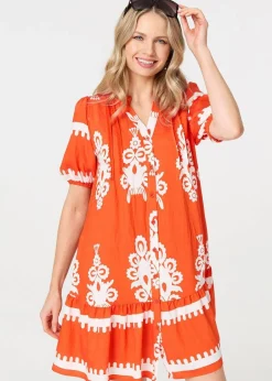 Dresses>Izabel London Orange Printed Lace Trim Relaxed Short Shirt Dress