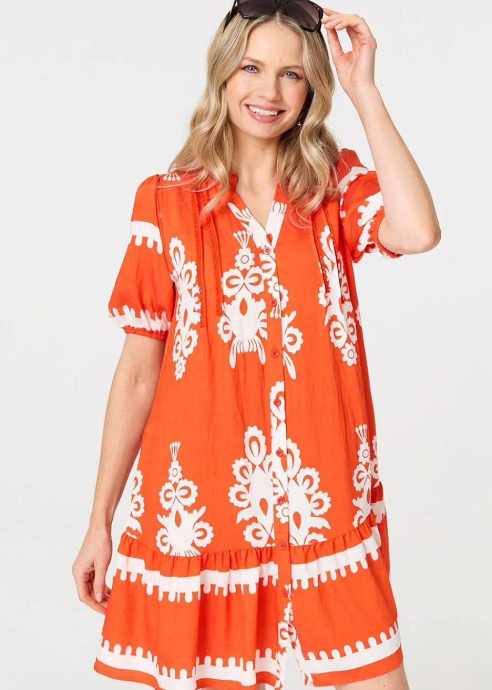 Dresses>Izabel London Orange Printed Lace Trim Relaxed Short Shirt Dress