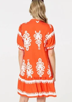 Dresses>Izabel London Orange Printed Lace Trim Relaxed Short Shirt Dress
