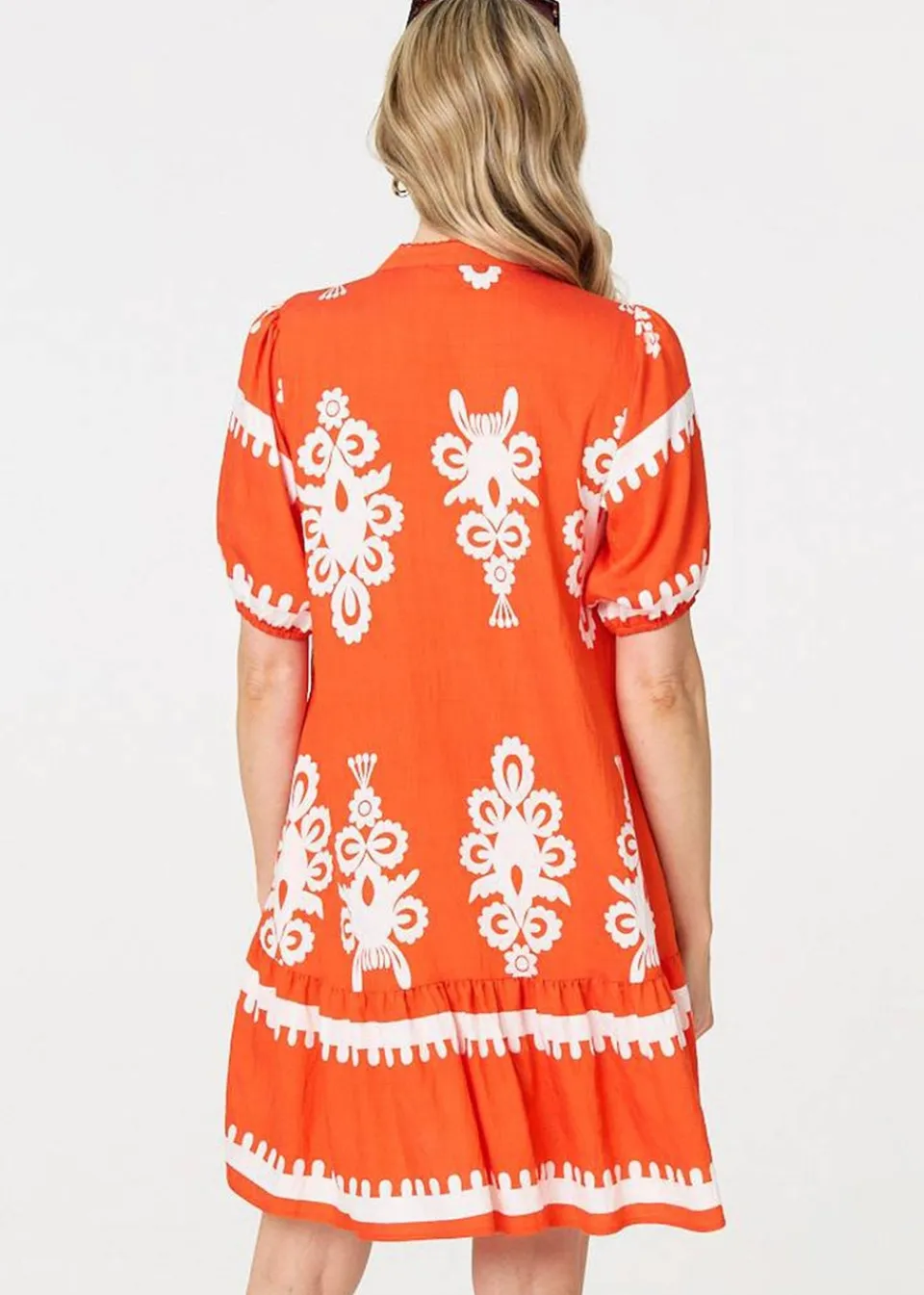 Dresses>Izabel London Orange Printed Lace Trim Relaxed Short Shirt Dress