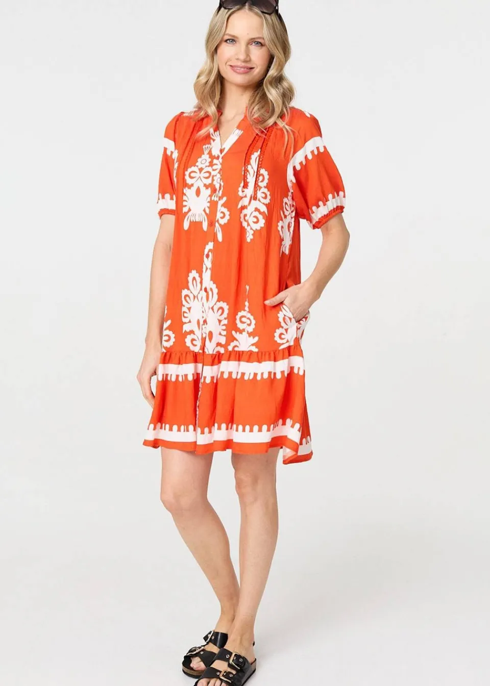 Dresses>Izabel London Orange Printed Lace Trim Relaxed Short Shirt Dress