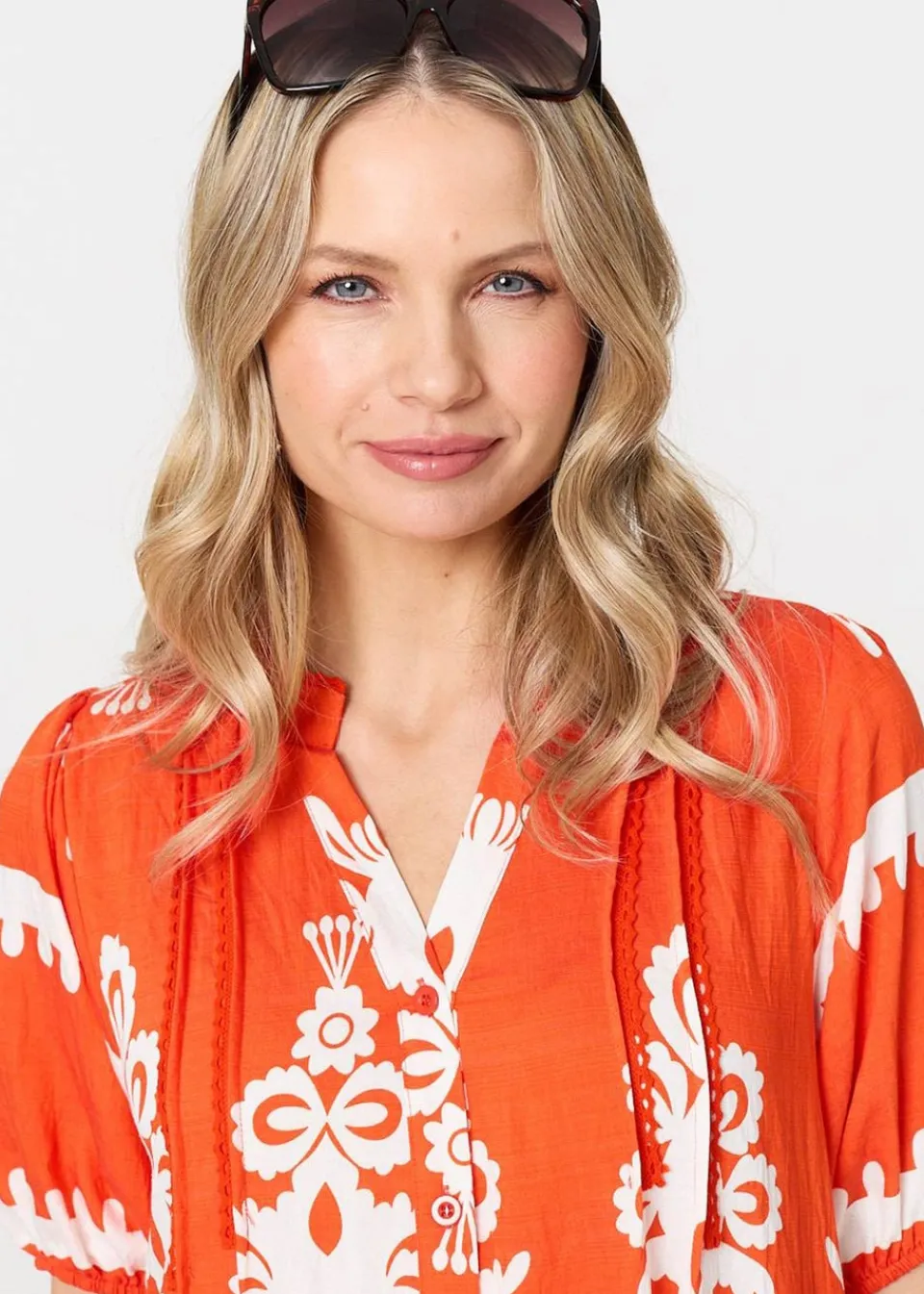Dresses>Izabel London Orange Printed Lace Trim Relaxed Short Shirt Dress
