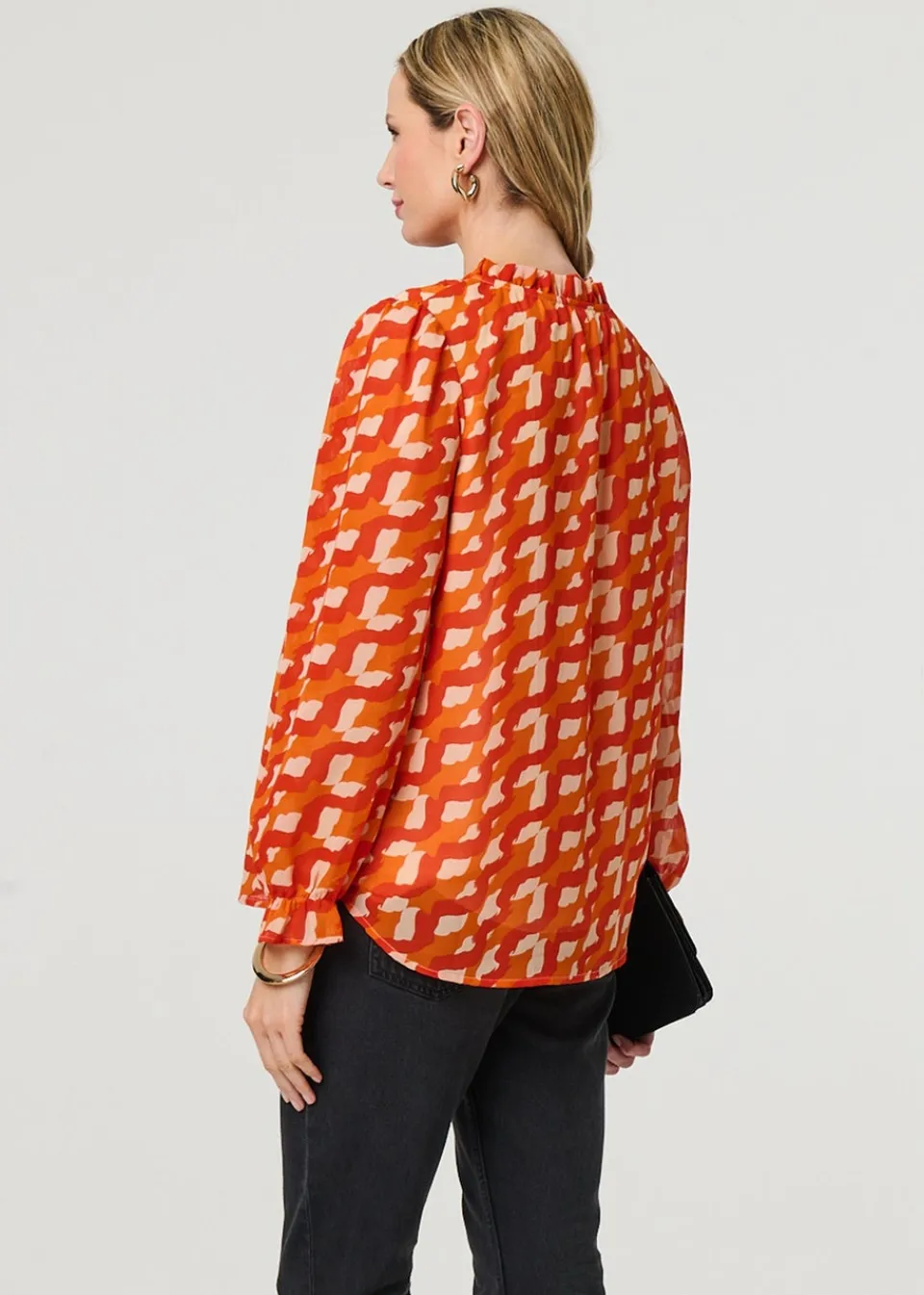 Tops>Izabel London Orange Printed Tie Neck Long Sleeve Blouse