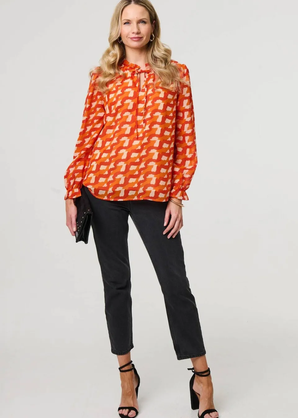 Tops>Izabel London Orange Printed Tie Neck Long Sleeve Blouse