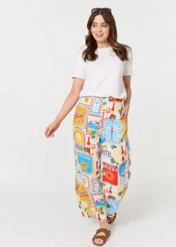 Trousers>Izabel London Orange Riviera Print Wide Leg Trousers
