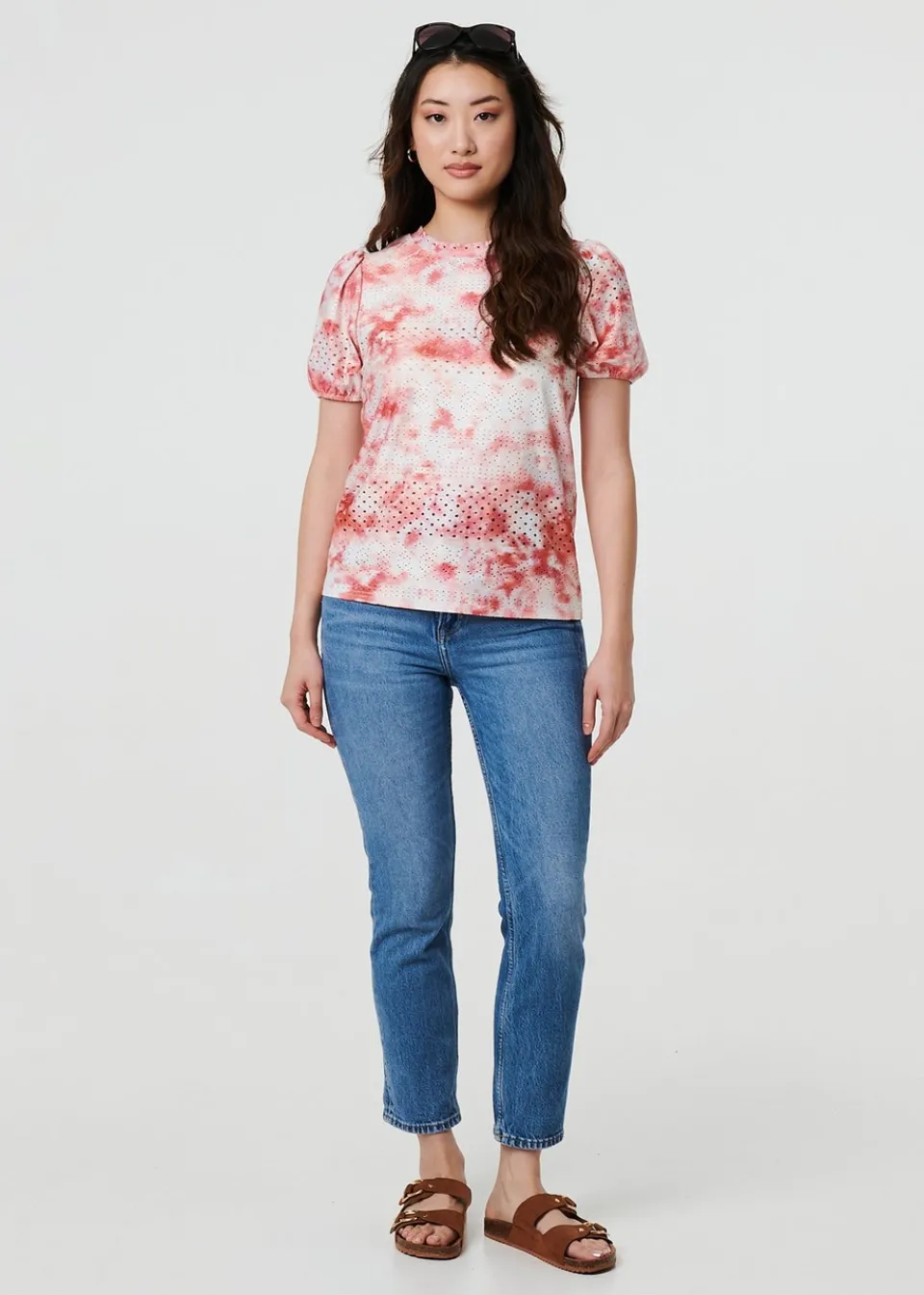 T-Shirts>Izabel London Orange Tie Dye Cut Out Texture Short Sleeve Top