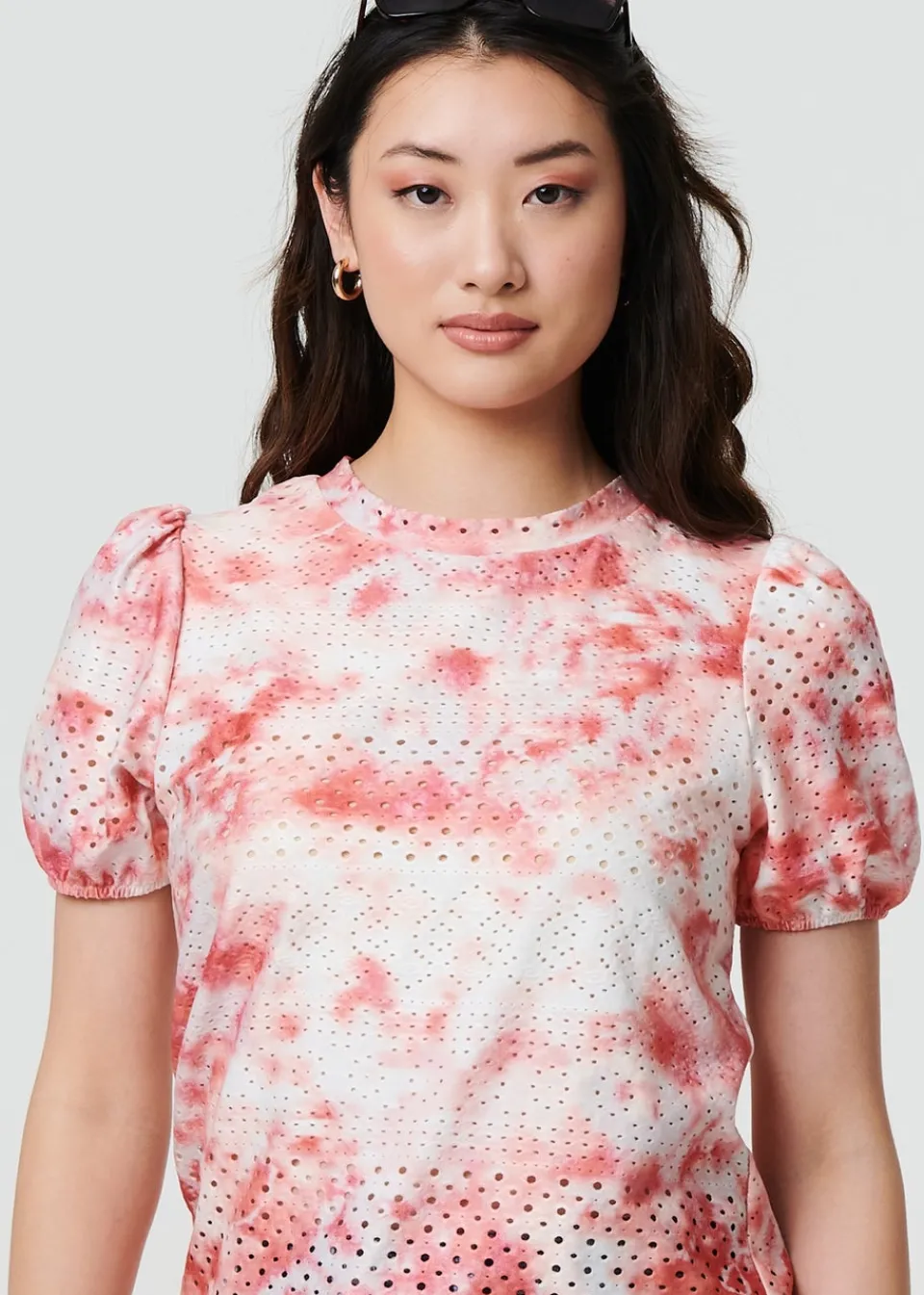 T-Shirts>Izabel London Orange Tie Dye Cut Out Texture Short Sleeve Top