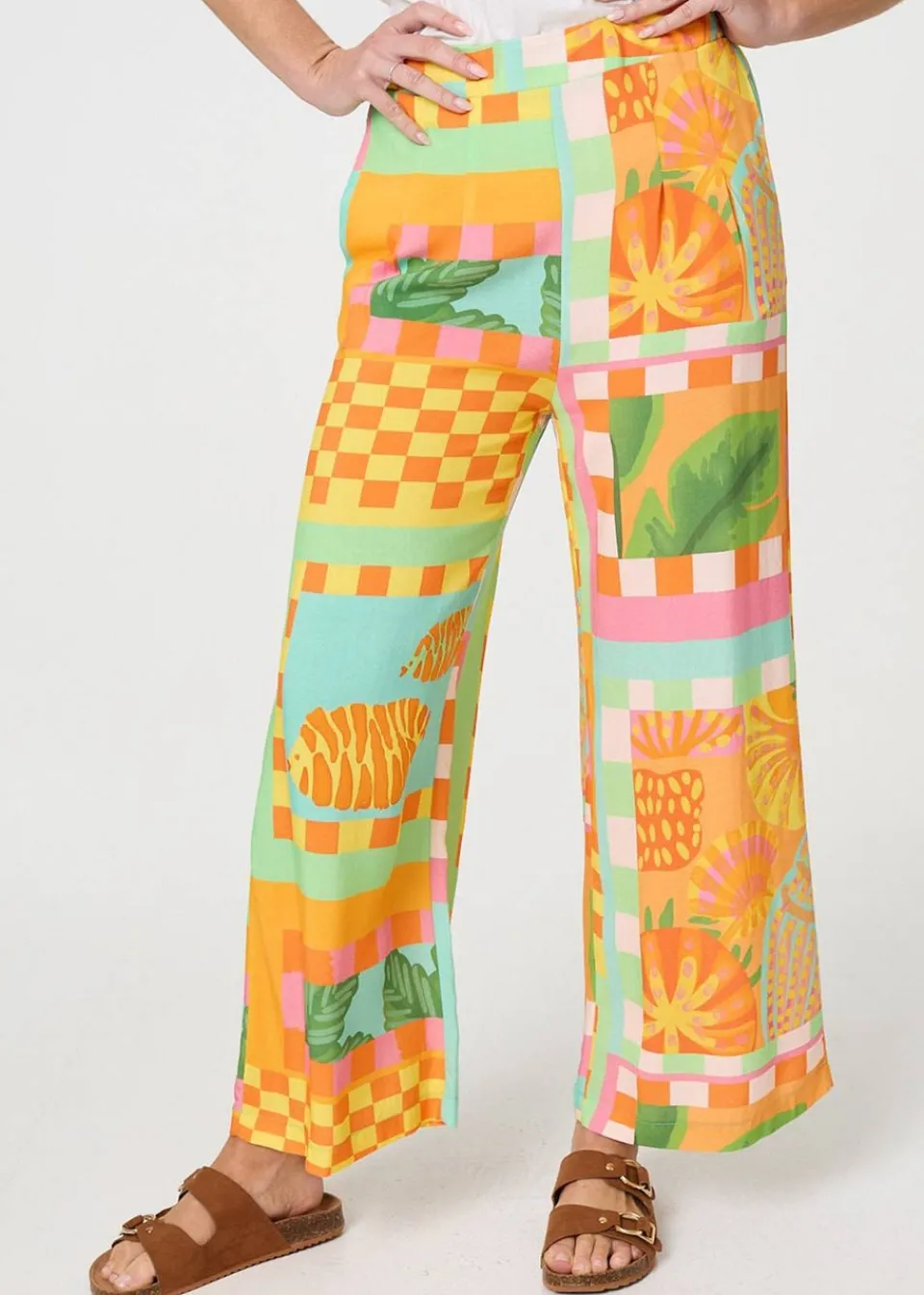 Trousers>Izabel London Orange Tropical Tile Print Wide Leg Trousers