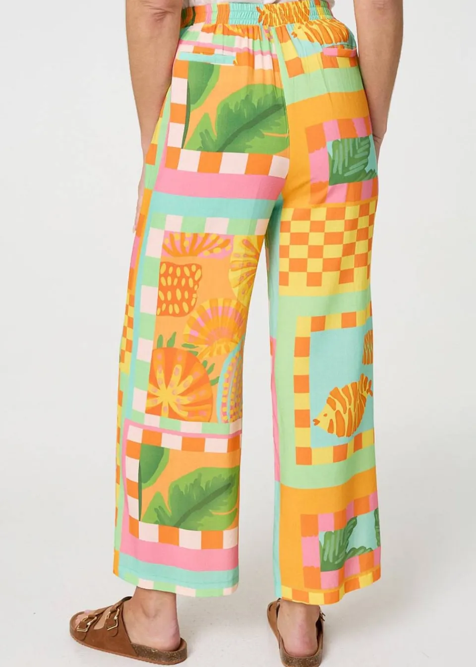 Trousers>Izabel London Orange Tropical Tile Print Wide Leg Trousers