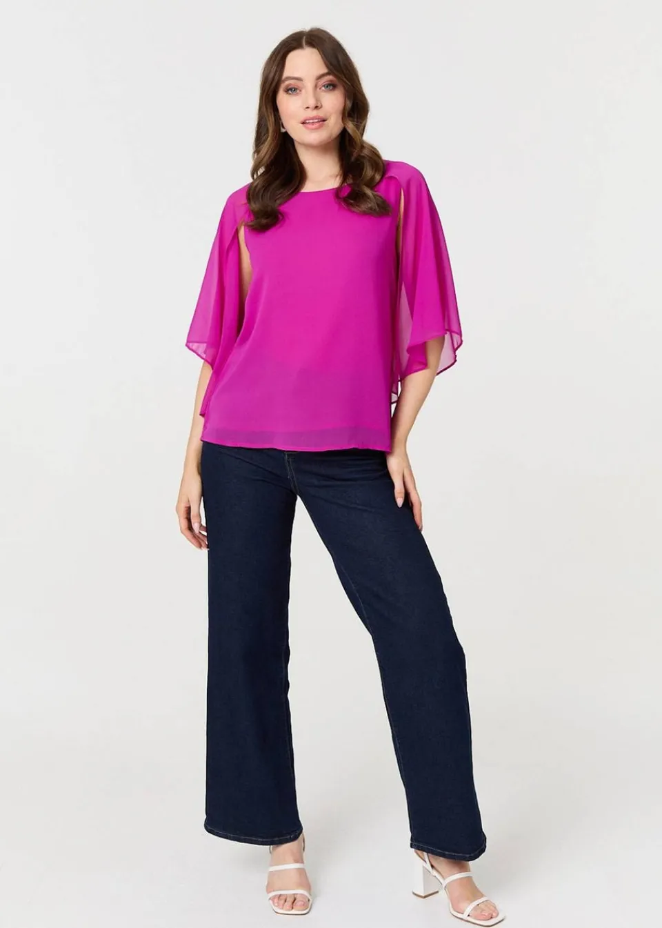 Tops>Izabel London Orchid Semi Sheer Cut Out 3/4 Sleeve Blouse