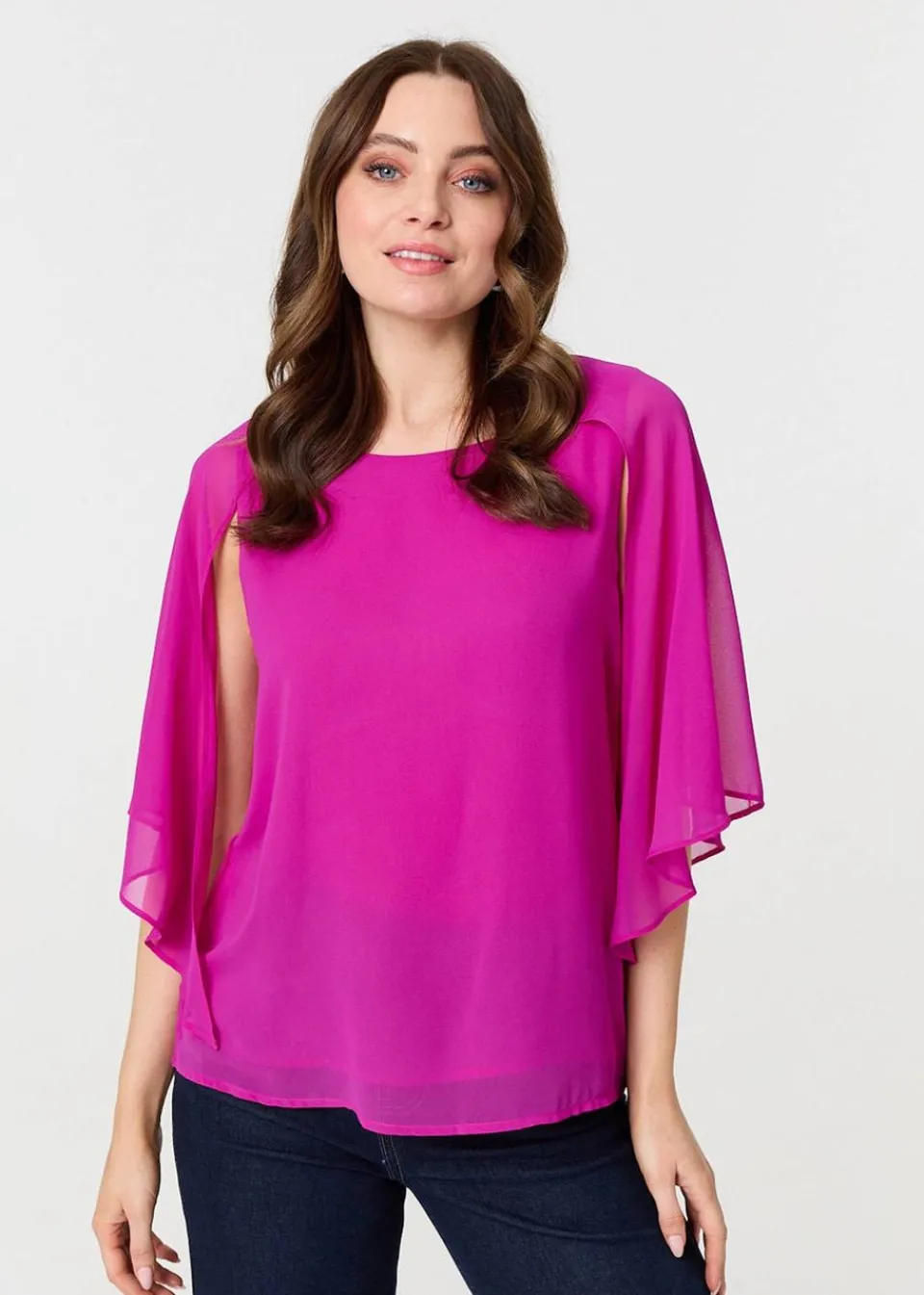 Tops>Izabel London Orchid Semi Sheer Cut Out 3/4 Sleeve Blouse