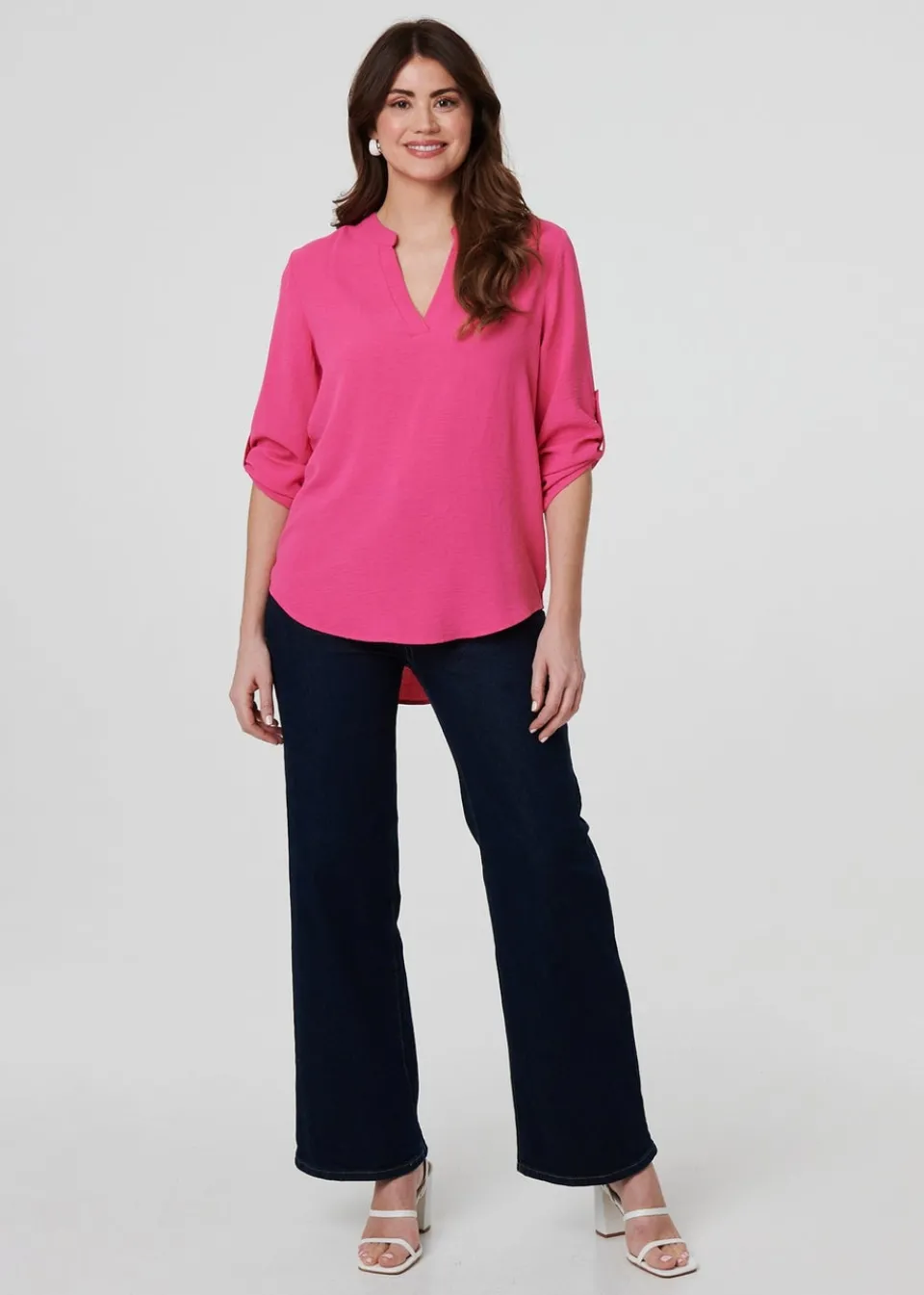 Tops>Izabel London Pink 3/4 Turn Up Sleeve Relaxed Blouse