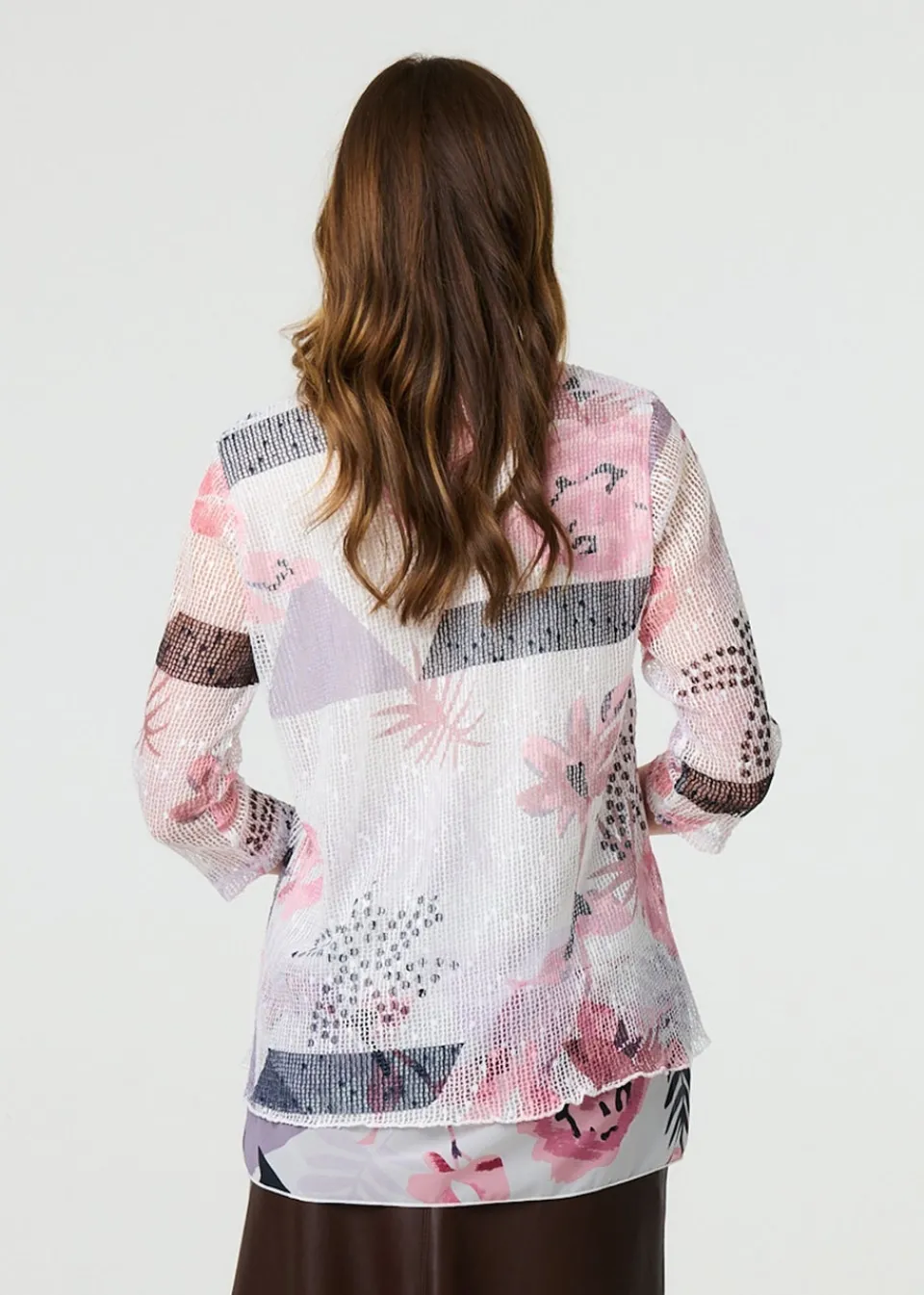 Tops>Izabel London Pink Abstract Print Mesh Layer Tunic