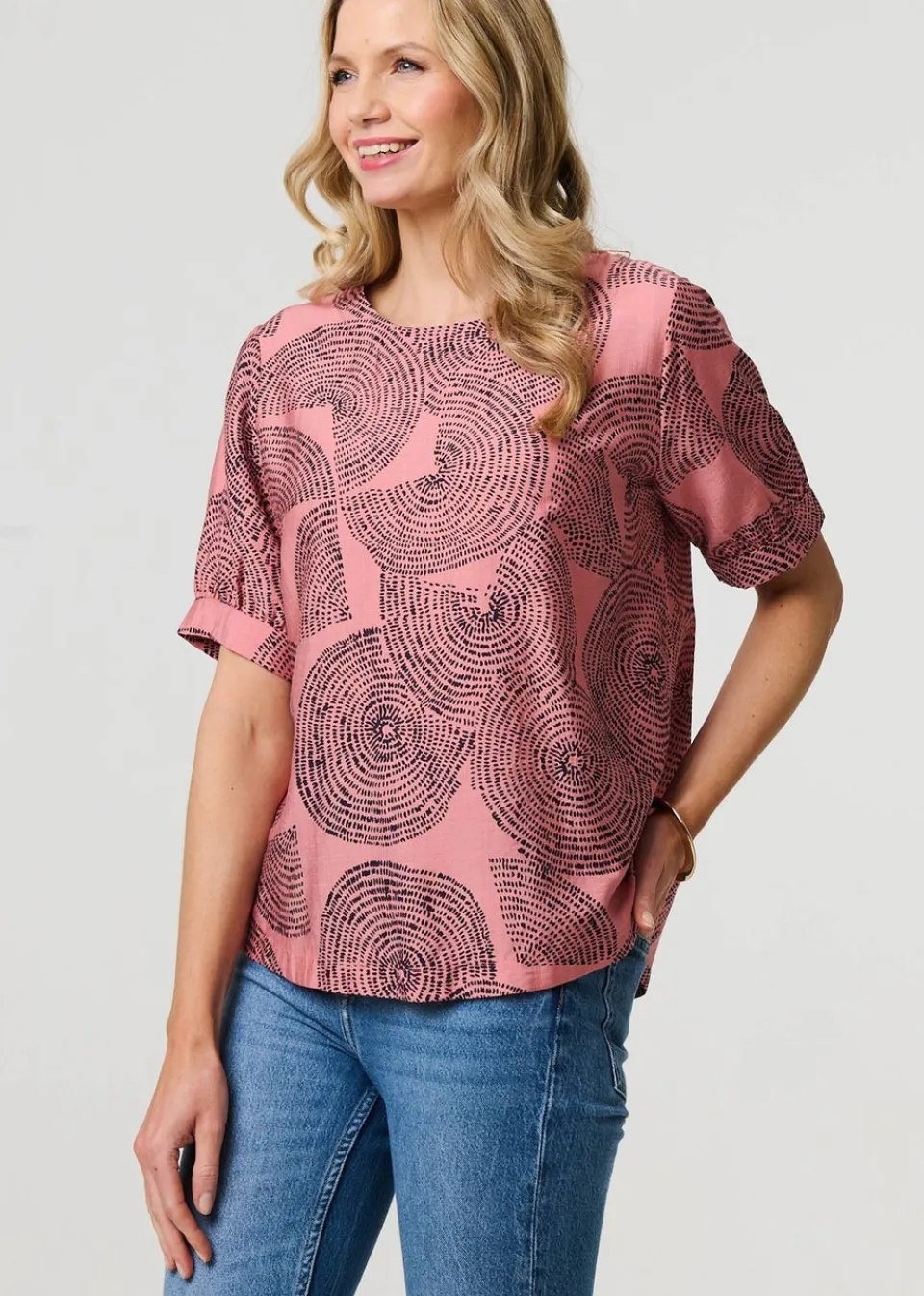 Tops>Izabel London Pink Abstract 1/2 Sleeve Relaxed Top