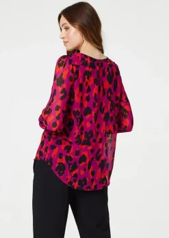 Tops>Izabel London Pink Animal Print Long Sleeve Ruched Blouse