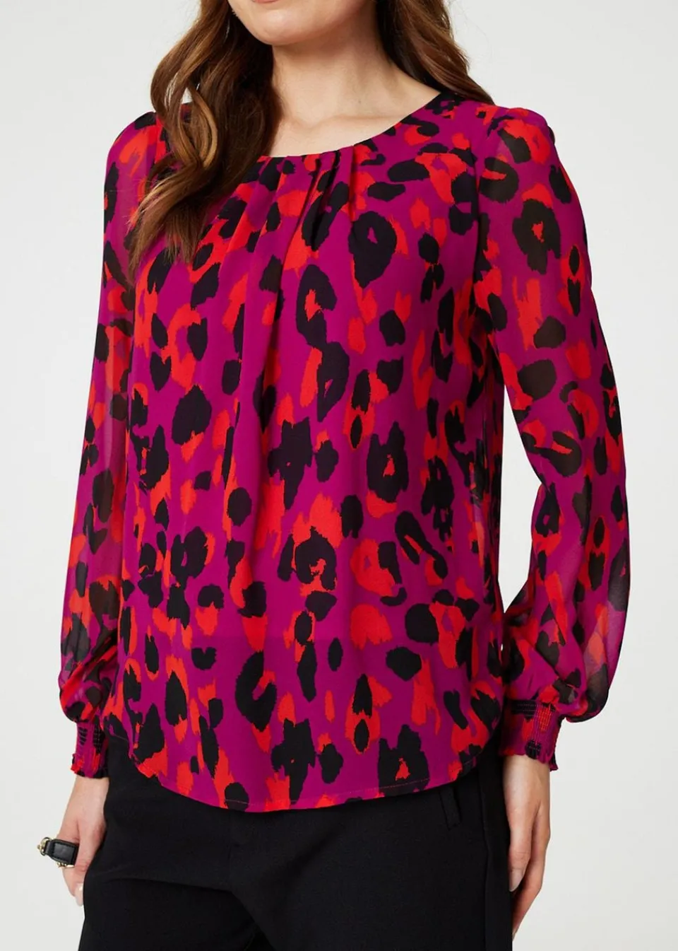 Tops>Izabel London Pink Animal Print Long Sleeve Ruched Blouse