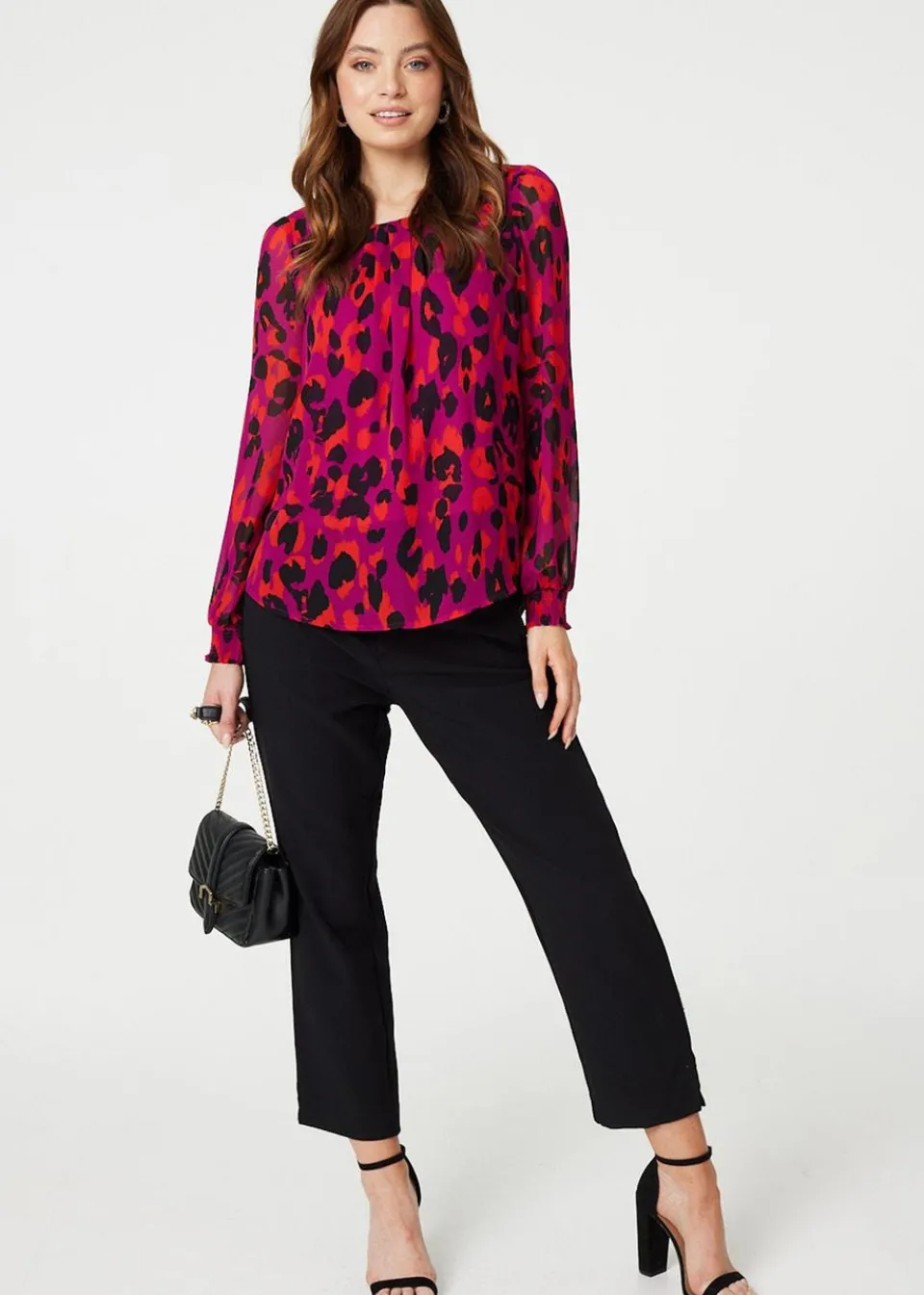 Tops>Izabel London Pink Animal Print Long Sleeve Ruched Blouse