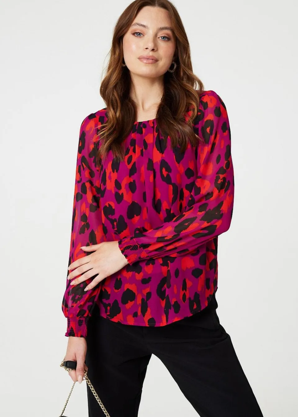 Tops>Izabel London Pink Animal Print Long Sleeve Ruched Blouse