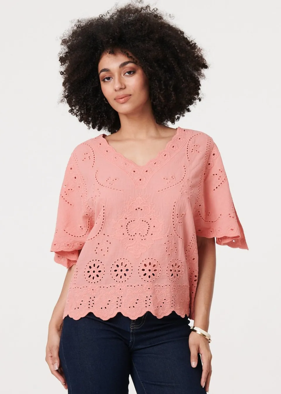 Tops>Izabel London Pink Broderie Anglaise Angel Sleeve Blouse