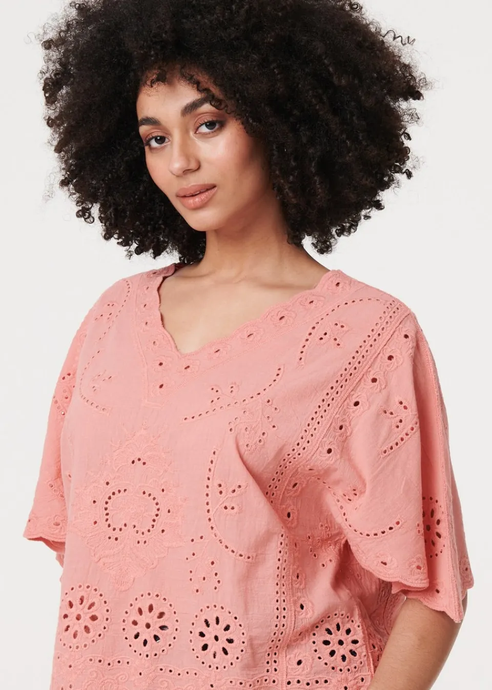 Tops>Izabel London Pink Broderie Anglaise Angel Sleeve Blouse