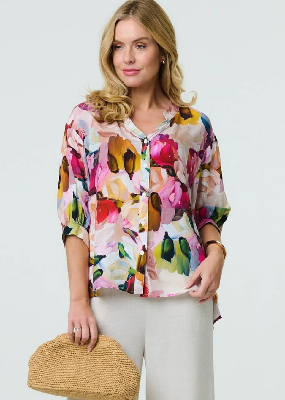 Tops>Izabel London Pink Brushstroke Print Shirt