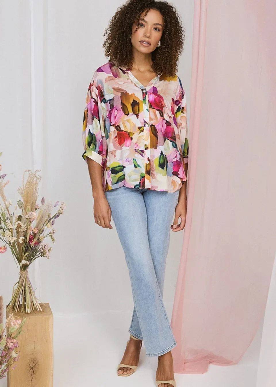 Tops>Izabel London Pink Brushstroke Print Shirt