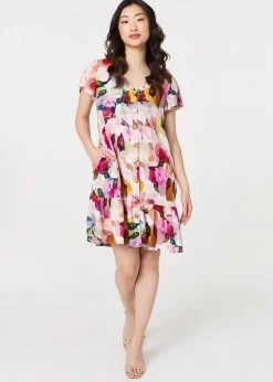 Dresses>Izabel London Pink Brushstroke Floral V Neck Smock Dress