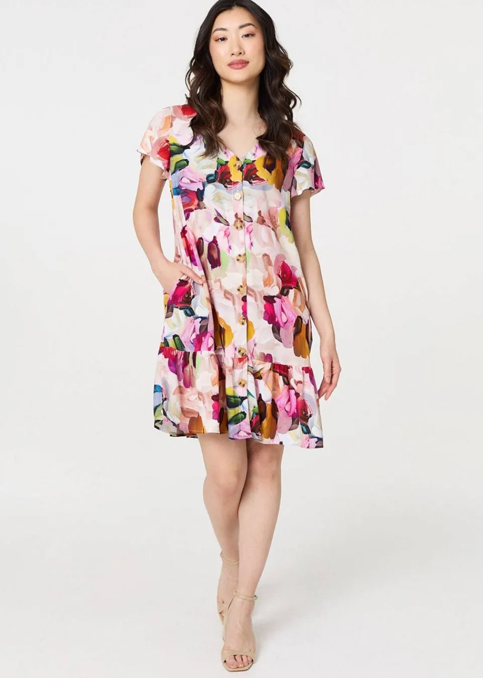 Dresses>Izabel London Pink Brushstroke Floral V Neck Smock Dress