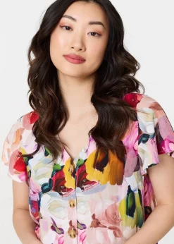 Dresses>Izabel London Pink Brushstroke Floral V Neck Smock Dress
