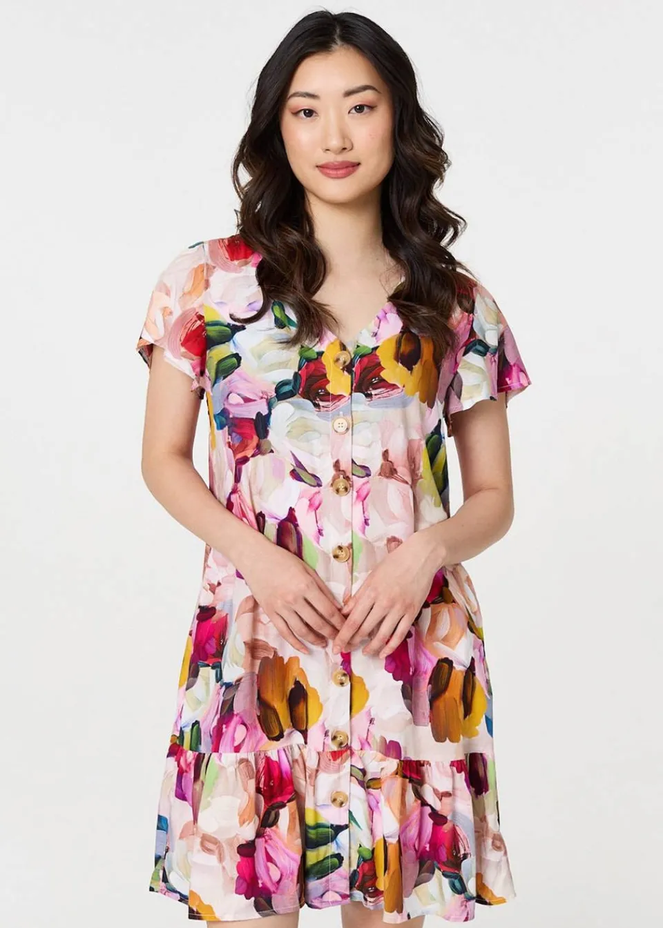 Dresses>Izabel London Pink Brushstroke Floral V Neck Smock Dress