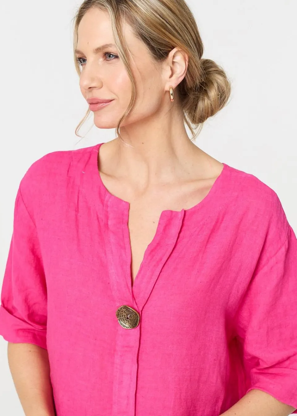 Tops>Izabel London Pink Button Detail V-Neck Blouse