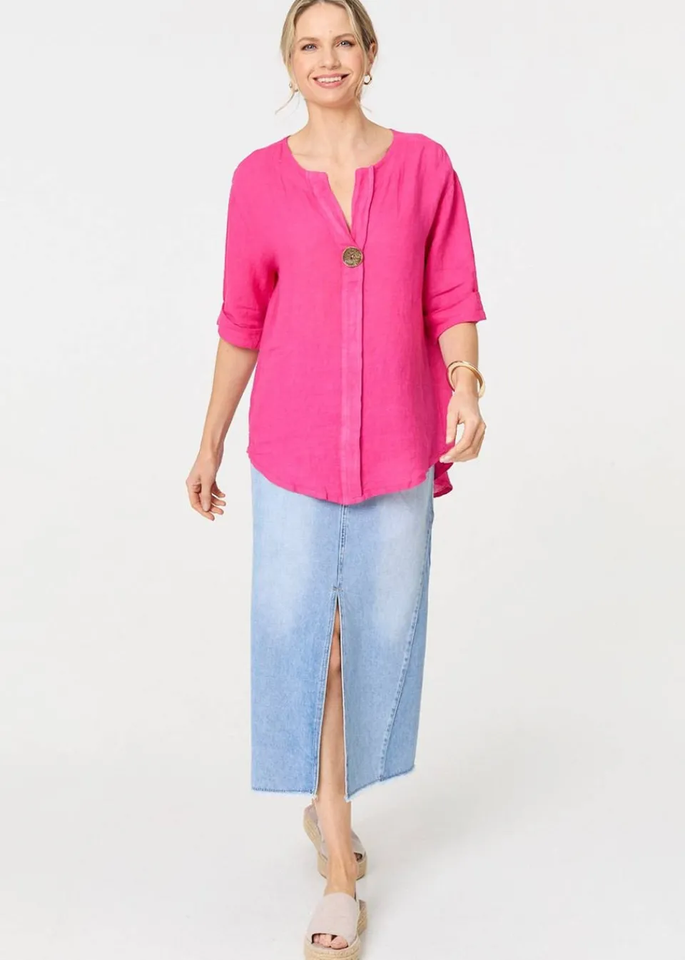 Tops>Izabel London Pink Button Detail V-Neck Blouse