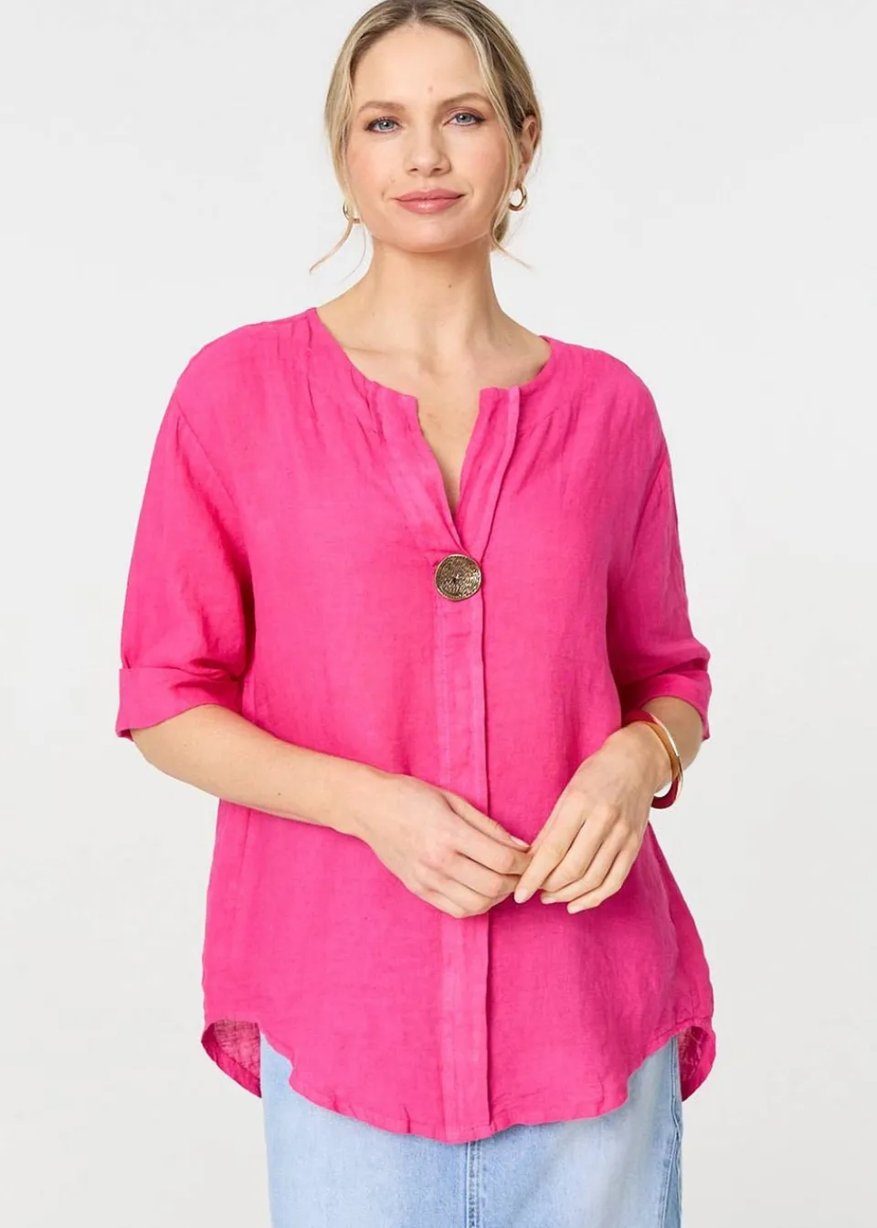 Tops>Izabel London Pink Button Detail V-Neck Blouse