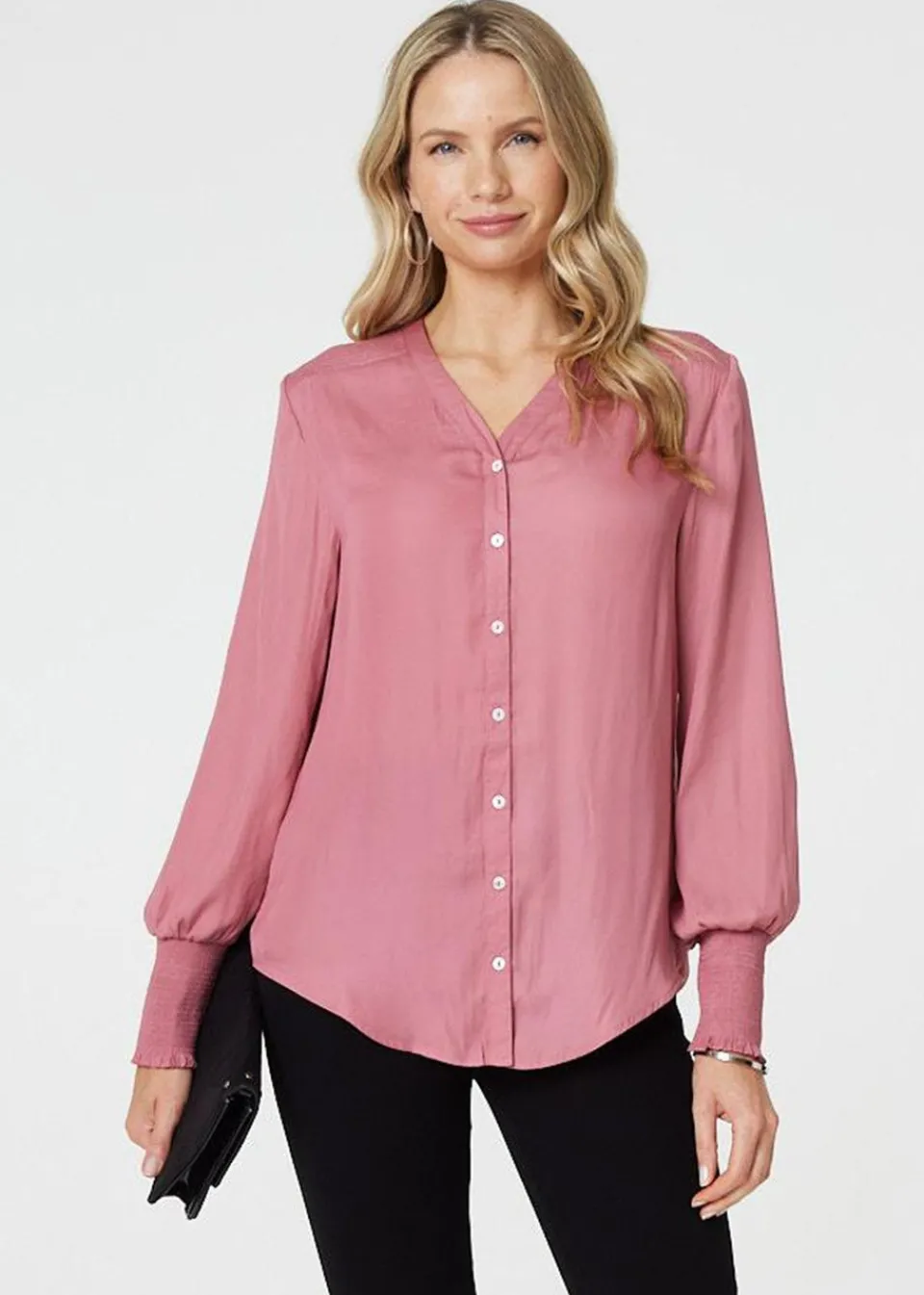Tops>Izabel London Pink Collarless Button Up Long Sleeve Shirt