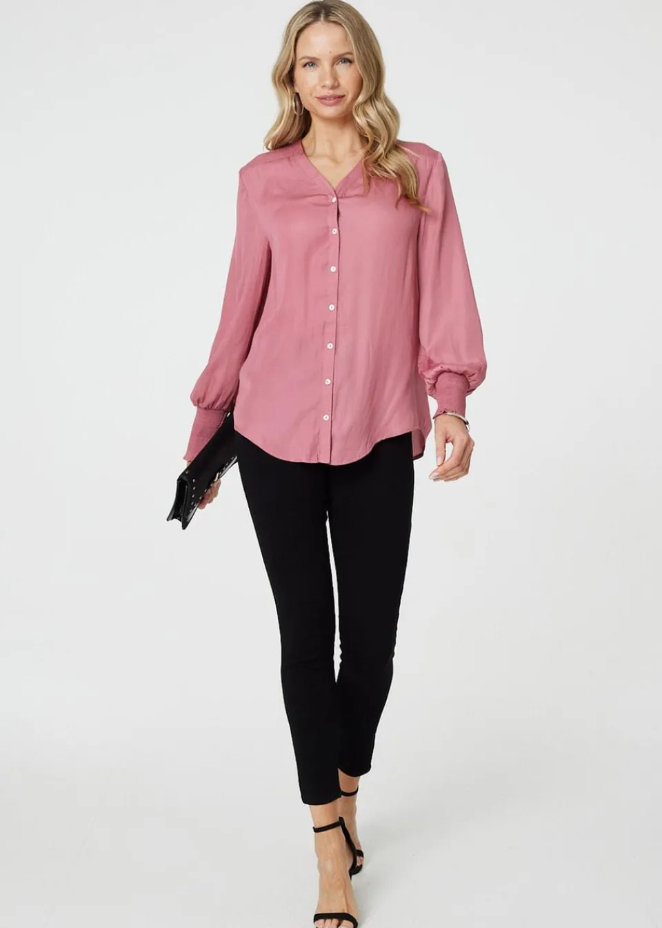 Tops>Izabel London Pink Collarless Button Up Long Sleeve Shirt
