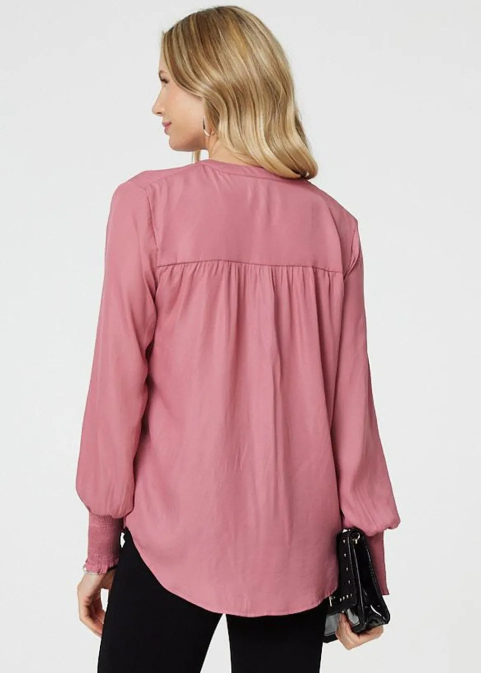 Tops>Izabel London Pink Collarless Button Up Long Sleeve Shirt