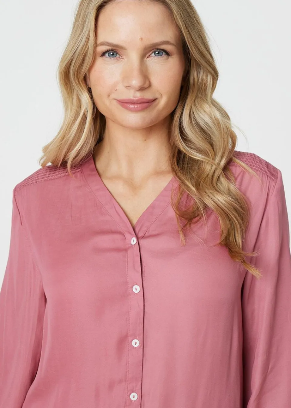 Tops>Izabel London Pink Collarless Button Up Long Sleeve Shirt