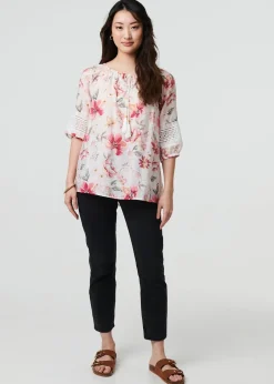 Tops>Izabel London Pink Floral Lace Trim Bardot Neck Blouse