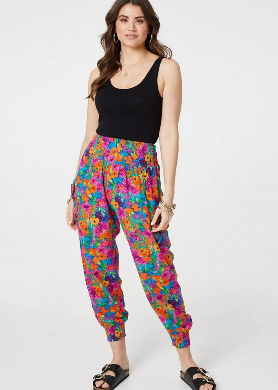 Trousers>Izabel London Pink Floral Shirred High Waist Harem Pants