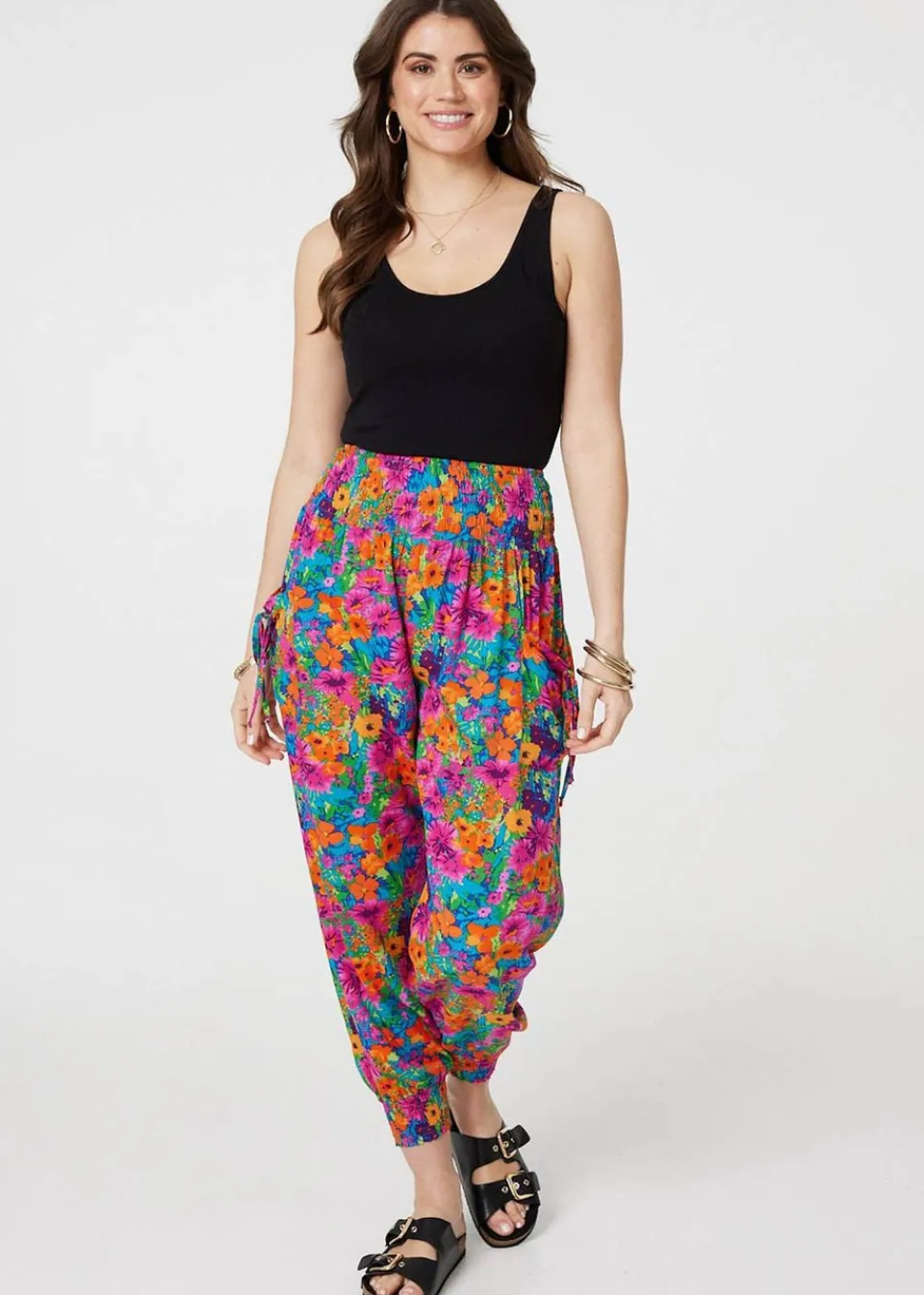 Trousers>Izabel London Pink Floral Shirred High Waist Harem Pants