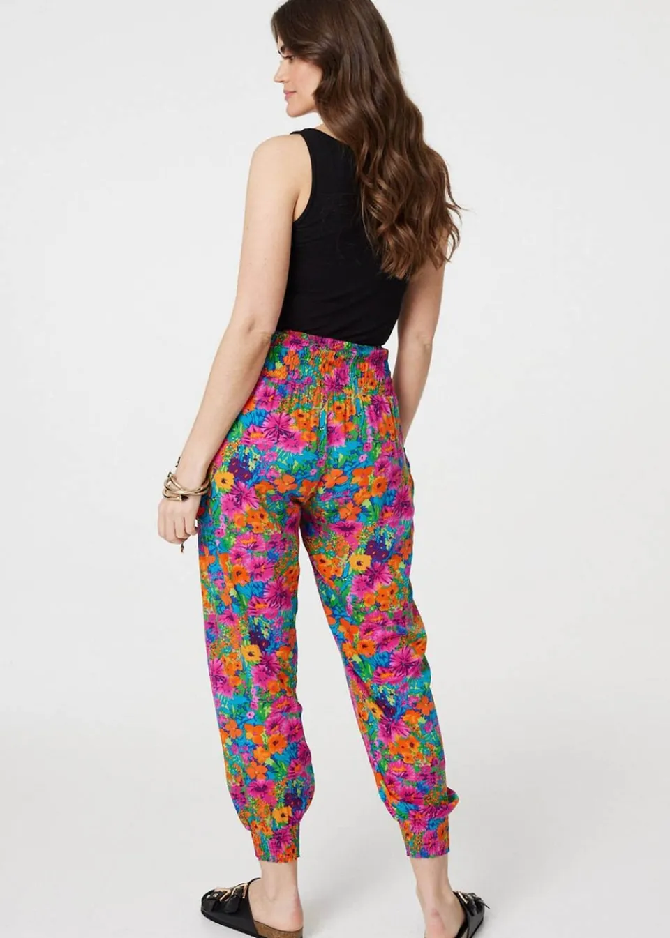 Trousers>Izabel London Pink Floral Shirred High Waist Harem Pants