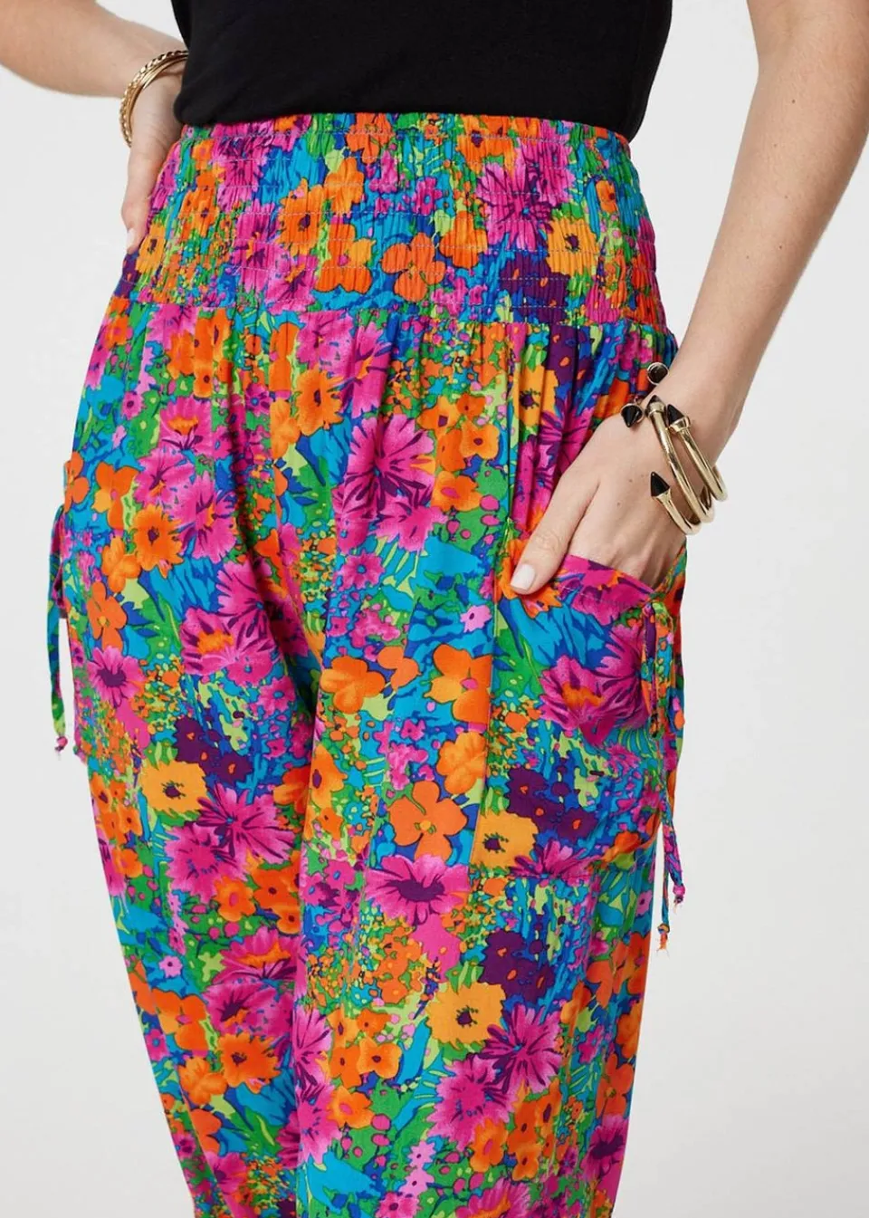 Trousers>Izabel London Pink Floral Shirred High Waist Harem Pants