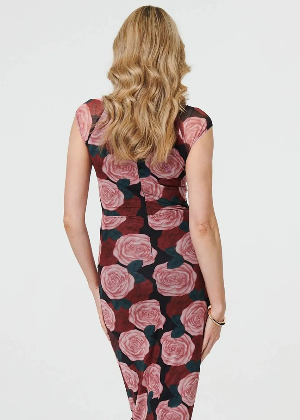 Dresses>Izabel London Pink Floral Semi Sheer Cap Sleeve Midi Dress