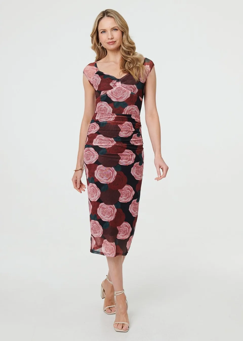 Dresses>Izabel London Pink Floral Semi Sheer Cap Sleeve Midi Dress