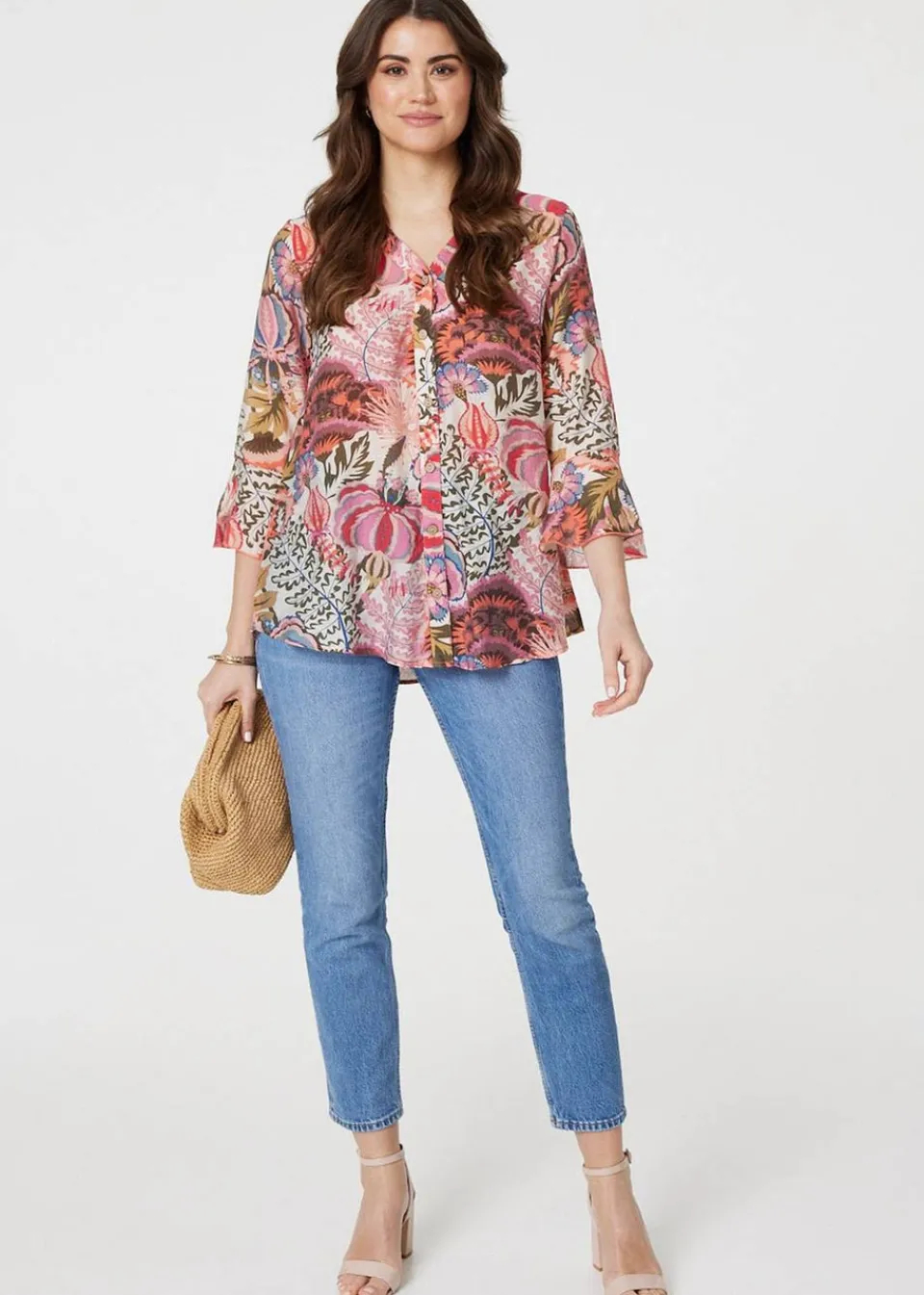 Tops>Izabel London Pink Floral 3/4 Frill Sleeve Relaxed Blouse